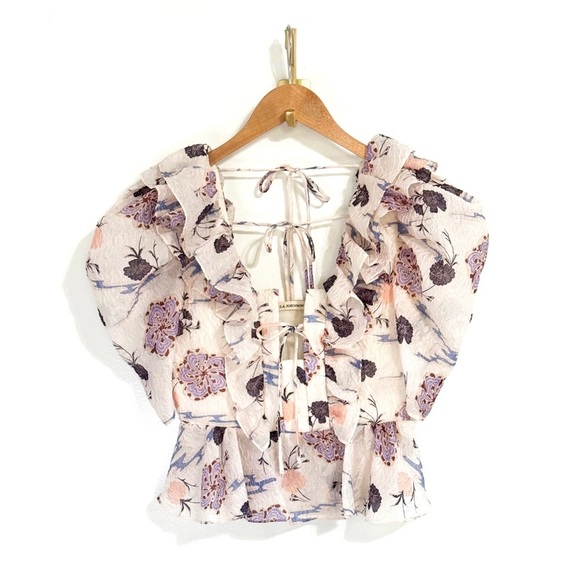 NWOT Ulla Johnson Puff-Sleeve Ruffle Peplum Silk-Blend Fannie Floral Top - Picture 2 of 7